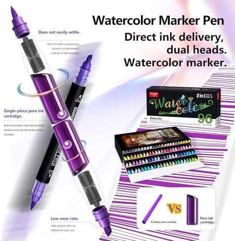 مجموعة أقلام ألوان مائية احترافية من DICEKOO مكونة من 96 لونًا ذات طرف مزدوج، وأقلام تحديد برأس فرشاة وإزميل، وحبر مائي، وعديم الرائحة ومقاوم للماء، ويمكن مزجها بسهولة، وحيوية، وناعمة، ومستلزمات فنية احترافية in Kuwait