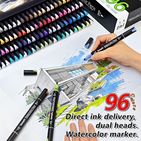 مجموعة أقلام ألوان مائية احترافية من DICEKOO مكونة من 96 لونًا ذات طرف مزدوج، وأقلام تحديد برأس فرشاة وإزميل، وحبر مائي، وعديم الرائحة ومقاوم للماء، ويمكن مزجها بسهولة، وحيوية، وناعمة، ومستلزمات فنية احترافية in Kuwait
