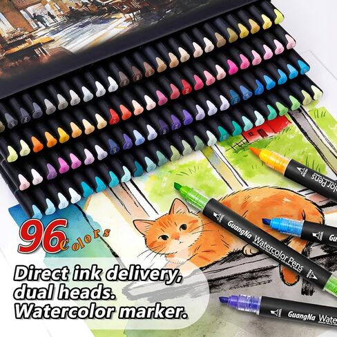 مجموعة أقلام ألوان مائية احترافية من DICEKOO مكونة من 96 لونًا ذات طرف مزدوج، وأقلام تحديد برأس فرشاة وإزميل، وحبر مائي، وعديم الرائحة ومقاوم للماء، ويمكن مزجها بسهولة، وحيوية، وناعمة، ومستلزمات فنية احترافية in Kuwait