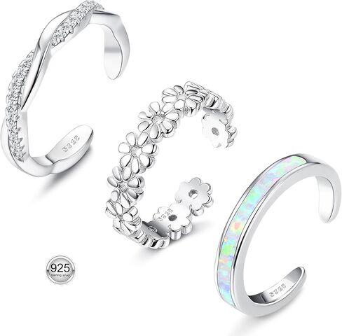 FIASASO 3Pcs 925 Sterling Silver Toe Rings for Women Adjustable 14K White Gold Plated Flower Twist Opal Band Rings Summer Beach Open Toe Rings Foot Jewelry Set in Kuwait