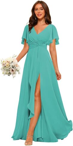 Women's Chiffon Bridesmaid Dress 2026 Short Sleeves Formal Dress GO040 in Kuwait