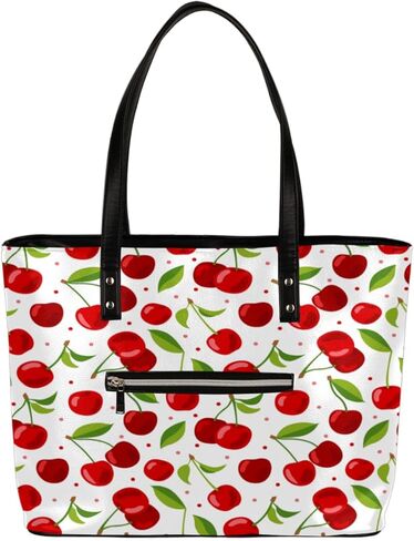 Fruit Cherry Pattern Tote Bag Women Shoulder Handbags PU Leather Everyday Bag with External Pocket Large Capacity Aesthetic Corduroy Tote Bag for Travel Work Party in Kuwait
