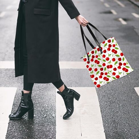 Fruit Cherry Pattern Tote Bag Women Shoulder Handbags PU Leather Everyday Bag with External Pocket Large Capacity Aesthetic Corduroy Tote Bag for Travel Work Party in Kuwait