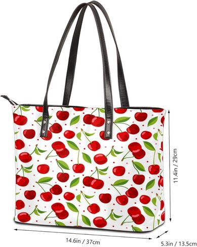 Fruit Cherry Pattern Tote Bag Women Shoulder Handbags PU Leather Everyday Bag with External Pocket Large Capacity Aesthetic Corduroy Tote Bag for Travel Work Party in Kuwait
