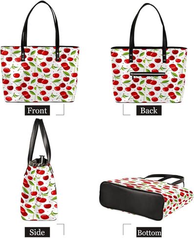 Fruit Cherry Pattern Tote Bag Women Shoulder Handbags PU Leather Everyday Bag with External Pocket Large Capacity Aesthetic Corduroy Tote Bag for Travel Work Party in Kuwait