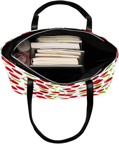 Fruit Cherry Pattern Tote Bag Women Shoulder Handbags PU Leather Everyday Bag with External Pocket Large Capacity Aesthetic Corduroy Tote Bag for Travel Work Party in Kuwait