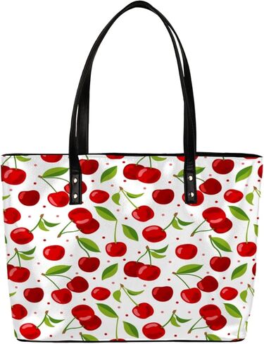 Fruit Cherry Pattern Tote Bag Women Shoulder Handbags PU Leather Everyday Bag with External Pocket Large Capacity Aesthetic Corduroy Tote Bag for Travel Work Party in Kuwait