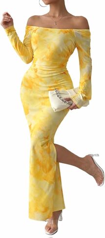 Women's Printed Off Shoulder Dress Long Sleeve Bodycon Maxi Dress Mesh Layered Side Slit in Kuwait