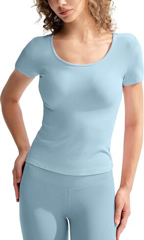 Ribbed Short Sleeve Scoop Neck Shirts Slim Fit Crop Tops Tee T Shirt for Women in Kuwait