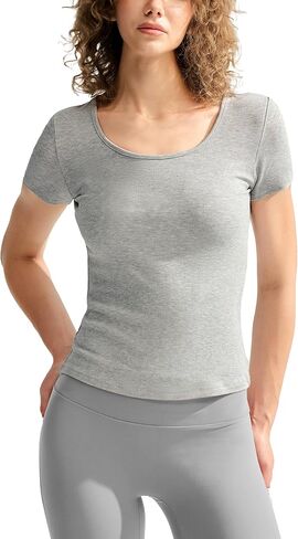 Ribbed Short Sleeve Scoop Neck Shirts Slim Fit Crop Tops Tee T Shirt for Women in Saudi Arabia