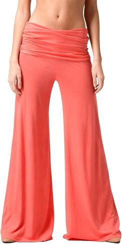 Coral Fold Over Yoga Pants for Women and Girls Wide Leg Leggings Ruched Waist Sports Leggings Cotton Loose Fit in Saudi Arabia