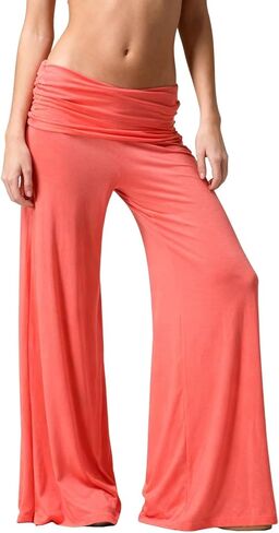 Coral Fold Over Yoga Pants for Women and Girls Wide Leg Leggings Ruched Waist Sports Leggings Cotton Loose Fit in Saudi Arabia