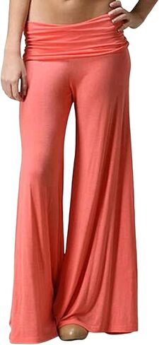 Coral Fold Over Yoga Pants for Women and Girls Wide Leg Leggings Ruched Waist Sports Leggings Cotton Loose Fit in Saudi Arabia