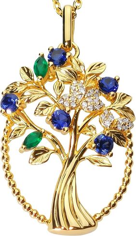 Tree of Life Necklace for Women, Family Tree of Life Pendant with Lab-Grown Sapphire, Green Agate & Moissanite, 18K Gold Plated S925 Sterling Silver, Birthday Anniversary Jewelry Gift for Mom Wife Daughter in Kuwait