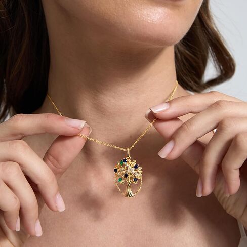 Tree of Life Necklace for Women, Family Tree of Life Pendant with Lab-Grown Sapphire, Green Agate & Moissanite, 18K Gold Plated S925 Sterling Silver, Birthday Anniversary Jewelry Gift for Mom Wife Daughter in Kuwait