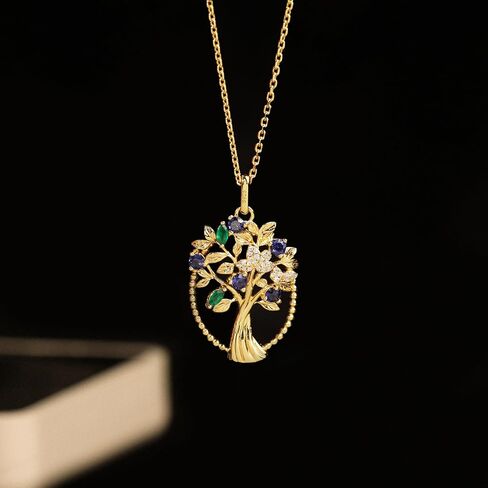 Tree of Life Necklace for Women, Family Tree of Life Pendant with Lab-Grown Sapphire, Green Agate & Moissanite, 18K Gold Plated S925 Sterling Silver, Birthday Anniversary Jewelry Gift for Mom Wife Daughter in Kuwait