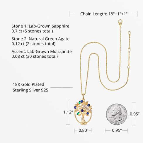 Tree of Life Necklace for Women, Family Tree of Life Pendant with Lab-Grown Sapphire, Green Agate & Moissanite, 18K Gold Plated S925 Sterling Silver, Birthday Anniversary Jewelry Gift for Mom Wife Daughter in Kuwait