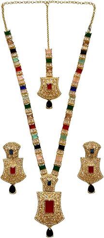 Dan & Ashi Brand Pakistani Indian Jewelry Mala set, Long Necklace with maang Tika and earrings Bollywood Wedding Jewelry Gift for her. in Saudi Arabia