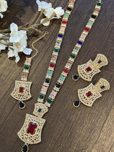 Dan & Ashi Brand Pakistani Indian Jewelry Mala set, Long Necklace with maang Tika and earrings Bollywood Wedding Jewelry Gift for her. in Saudi Arabia