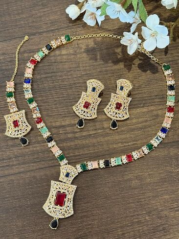 Dan & Ashi Brand Pakistani Indian Jewelry Mala set, Long Necklace with maang Tika and earrings Bollywood Wedding Jewelry Gift for her. in Saudi Arabia
