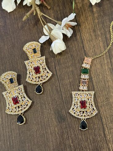 Dan & Ashi Brand Pakistani Indian Jewelry Mala set, Long Necklace with maang Tika and earrings Bollywood Wedding Jewelry Gift for her. in Saudi Arabia