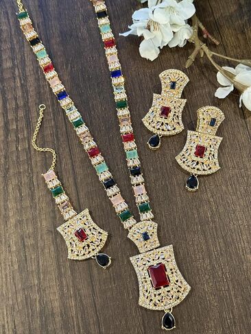 Dan & Ashi Brand Pakistani Indian Jewelry Mala set, Long Necklace with maang Tika and earrings Bollywood Wedding Jewelry Gift for her. in Saudi Arabia