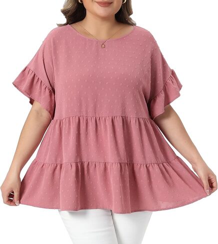 Agnes Orinda Plus Size Summer Tops for Women Crew Neck Ruffle Short Sleeve Tiered Swiss Dots Blouses in Saudi Arabia