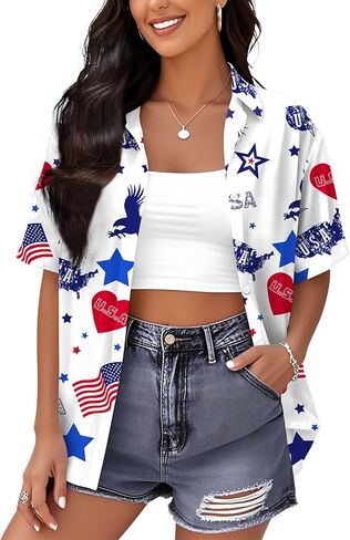 4th of July Hawaiian Shirts Women American Flag Patriotic Short Sleeve Button Down Outfits Summer Vacation Tops in Kuwait