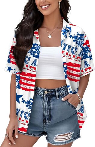 4th of July Hawaiian Shirts Women American Flag Patriotic Short Sleeve Button Down Outfits Summer Vacation Tops in Saudi Arabia
