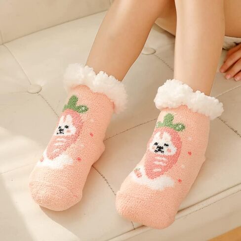 Royal Hong Beauty Soft & Thick Winter Warm Fuzzy Christmas Socks Stockings for Women,Cute & Cozy Kids Girls Slipper Socks,Fleece Lined Slipper Socks with Grippers Non Skid-Dog W/Pink Heart-One Size in Kuwait