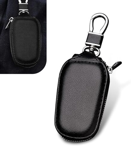 Leather Car Key Fob Cover, Universal Auto Smart Remote Key Protector Case with Hook for Men Women (Black) in Kuwait