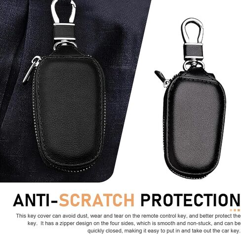 Leather Car Key Fob Cover, Universal Auto Smart Remote Key Protector Case with Hook for Men Women (Black) in Kuwait