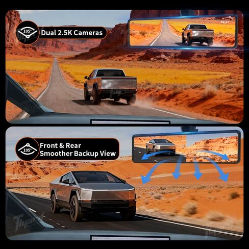 Mirror Dash Cam Backup Camera for CyberTruck, 11.26" HD Smart Rearview Mirror with Front/Rear Recording, WiFi Connection, Night Vision, Touch Screen, IP68 Waterproof Structure in Kuwait