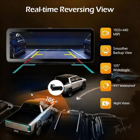 Mirror Dash Cam Backup Camera for CyberTruck, 11.26" HD Smart Rearview Mirror with Front/Rear Recording, WiFi Connection, Night Vision, Touch Screen, IP68 Waterproof Structure in Kuwait