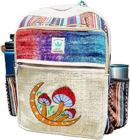 حقيبة ظهر من القنب - حقيبة سفر متعددة الجيوب، حزمة كمبيوتر محمول للجنسين، حقيبة نيبالية مخططة من القطن للمهرجانات والمشي لمسافات طويلة (17 بوصة، 2 جيب كبير + 2 جيب للزجاجات) in Kuwait