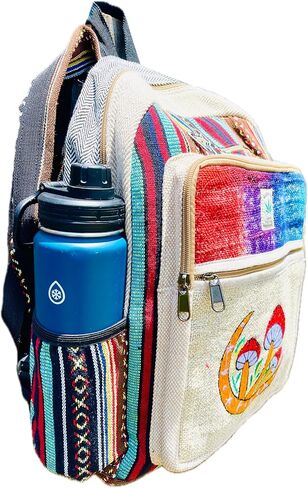 حقيبة ظهر من القنب - حقيبة سفر متعددة الجيوب، حزمة كمبيوتر محمول للجنسين، حقيبة نيبالية مخططة من القطن للمهرجانات والمشي لمسافات طويلة (17 بوصة، 2 جيب كبير + 2 جيب للزجاجات) in Kuwait