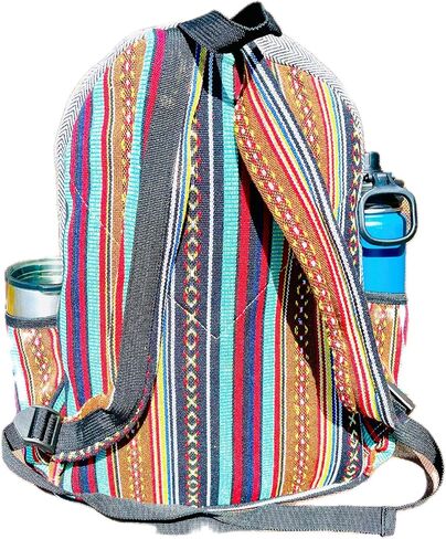 حقيبة ظهر من القنب - حقيبة سفر متعددة الجيوب، حزمة كمبيوتر محمول للجنسين، حقيبة نيبالية مخططة من القطن للمهرجانات والمشي لمسافات طويلة (17 بوصة، 2 جيب كبير + 2 جيب للزجاجات) in Kuwait