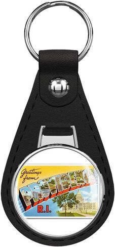 Greetings from Providence Rhode Island Black Leather Keychain with Silver Keyring Key chain in Kuwait