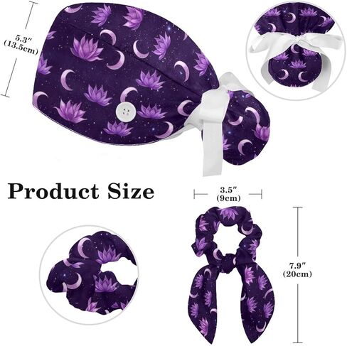 Scrub Caps Women, Surgical Caps with Buttons, Ponytail Nurse Hat, Bouffant Scrub Hats with Hair Scrunchy Adjustable, Moon Lotus Purple Nebula Galaxy Water Lily Floral Bohemian Vintage in Kuwait