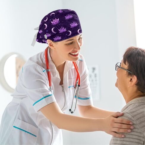 Scrub Caps Women, Surgical Caps with Buttons, Ponytail Nurse Hat, Bouffant Scrub Hats with Hair Scrunchy Adjustable, Moon Lotus Purple Nebula Galaxy Water Lily Floral Bohemian Vintage in Kuwait