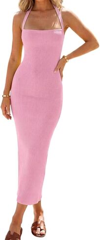 CHICME Womens Sexy Dress Midi Ribbed Sleeveless Criss Cross Straps Backless Summer Club Party Wedding Guest Dresses in Kuwait