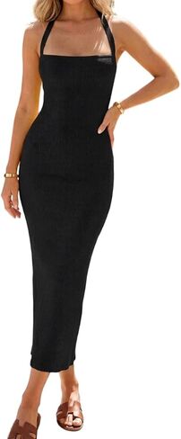 CHICME Womens Sexy Dress Midi Ribbed Sleeveless Criss Cross Straps Backless Summer Club Party Wedding Guest Dresses in Saudi Arabia