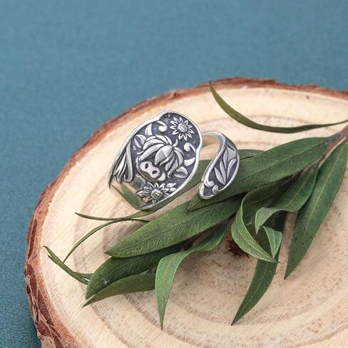 Highland Cow Spoon Ring for Women - 925 Sterling Silver Vintage Cattle Adjustable Rings Open Animal Jewelry Highland Cow Gifts in Saudi Arabia
