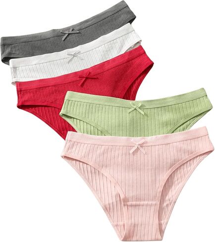 OYOANGLE Women's 5 Pack Ribbed Briefs Panties Bow Decor Low Rise Soft Comfy Ladies Underwear in Saudi Arabia