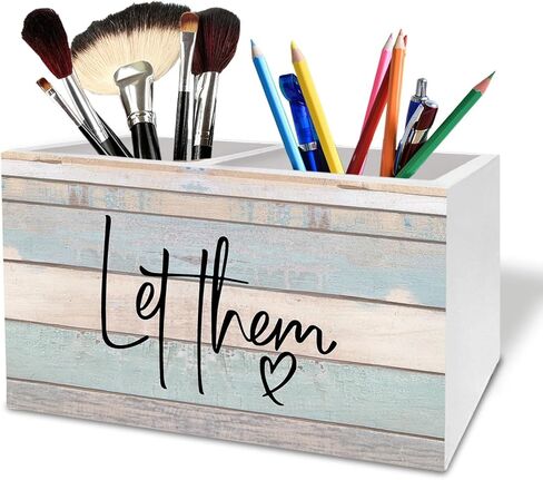 Rustic Let Them Pen Holder for Desk, Inspirational Positive Affirmation Wooden Box Sign Desk Decor for Home Office Decoration, Motivational Pencil Organizer, Mental Health Gifts in Kuwait