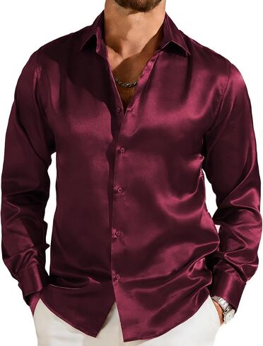 Barry.Wang Shiny Mens Satin Shirt Long Sleeve Silk Like Casual Dress Button Down Shirts Solid Silky Party Disco Show in Saudi Arabia