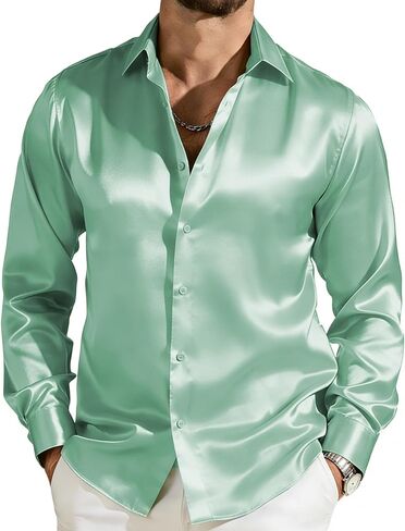 Barry.Wang قميص ساتان رجالي لامع كم طويل مثل الحرير فستان كاجوال بأزرار للأسفل قمصان صلبة حريرية للحفلات الديسكو in Kuwait
