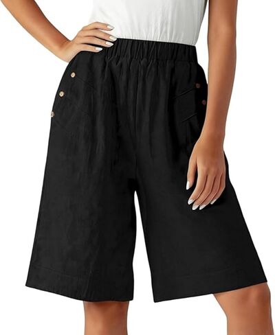 Women's High Waist Linen Bermuda Shorts, Loose Fit Wide Leg with Pockets, Casual Comfortable Short Pants for Spring Summer in Saudi Arabia