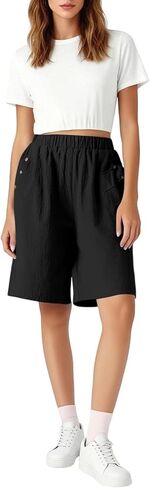 Women's High Waist Linen Bermuda Shorts, Loose Fit Wide Leg with Pockets, Casual Comfortable Short Pants for Spring Summer in Saudi Arabia