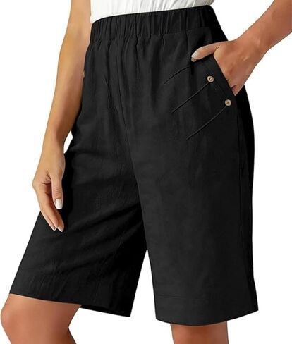 Women's High Waist Linen Bermuda Shorts, Loose Fit Wide Leg with Pockets, Casual Comfortable Short Pants for Spring Summer in Saudi Arabia